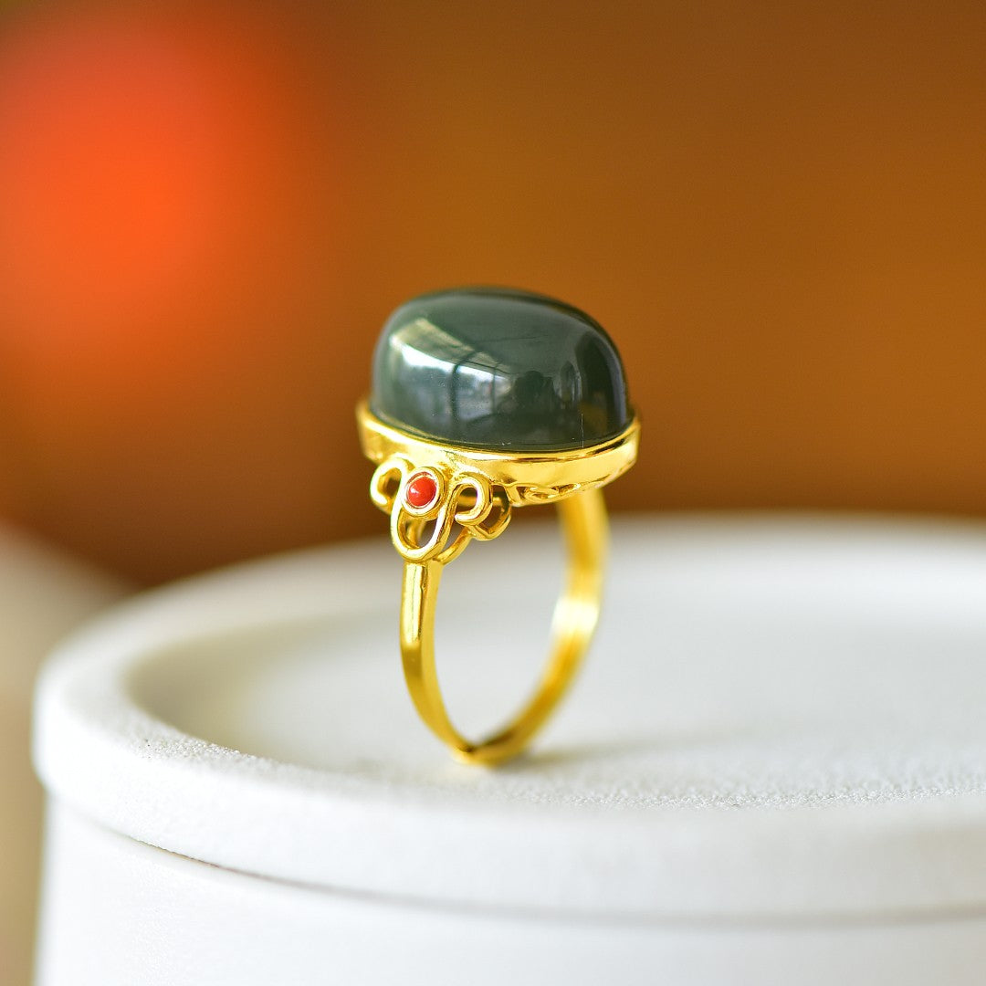 S925 Silver Nephrite Jade Auspicious Cloud Ruyi Ring - Elegant Style