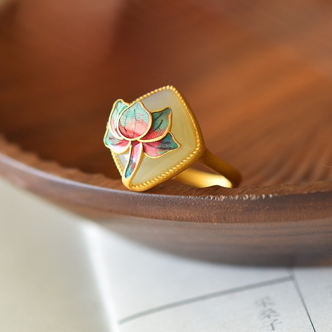 S925 Silver Enamel Nephrite Jade Lotus Luck Ring - Artisan Design