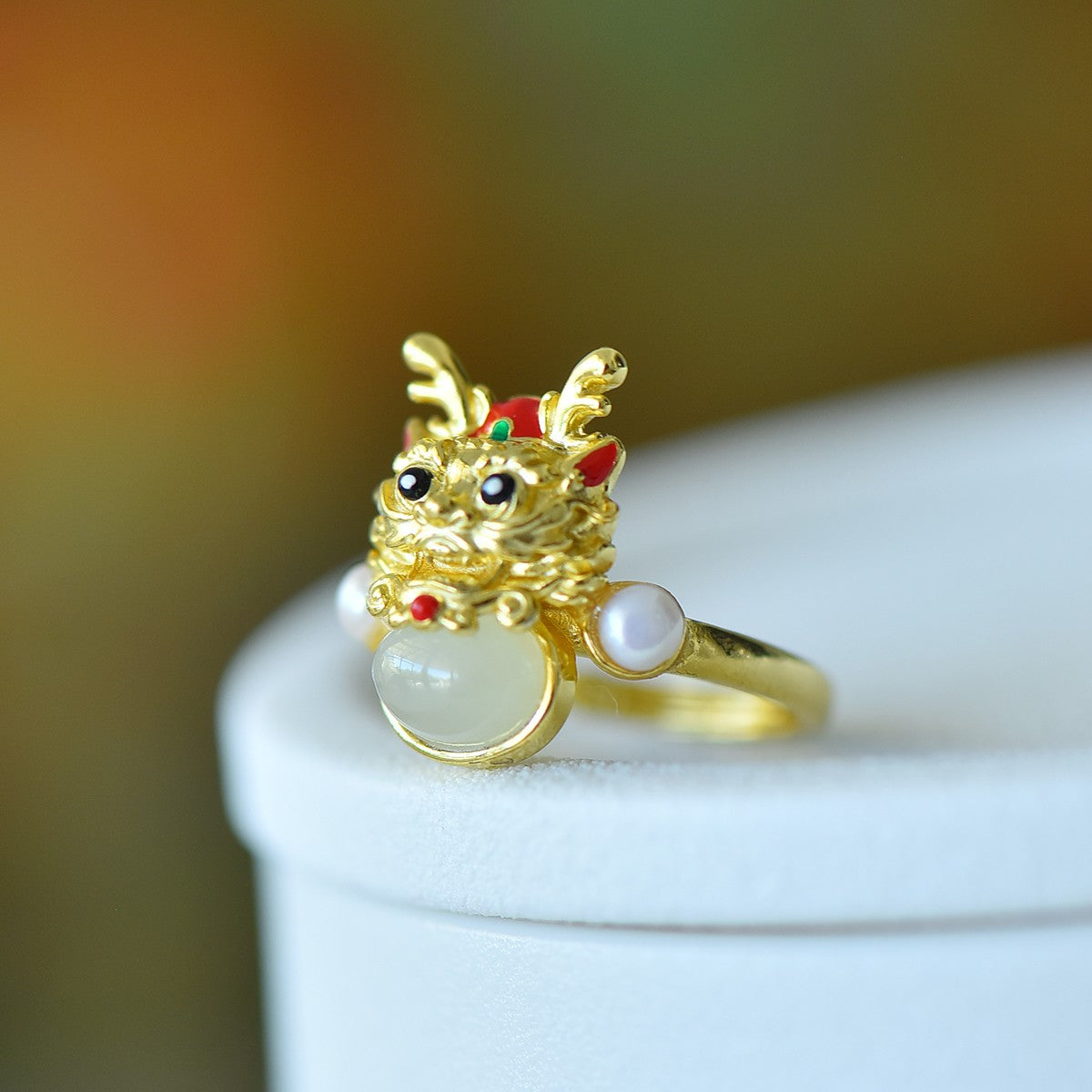 S925 Sterling Silver Nephrite Jade Dragon Cabochon Ring - Unique Style