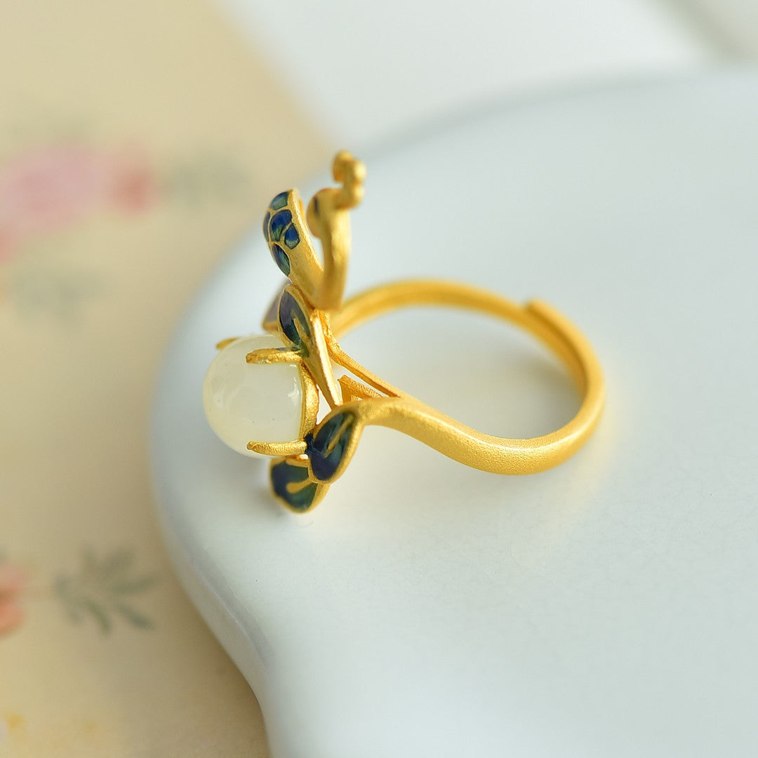 S925 Sterling Silver Nephrite Jade Phoenix Tail Ring - Success & Luck