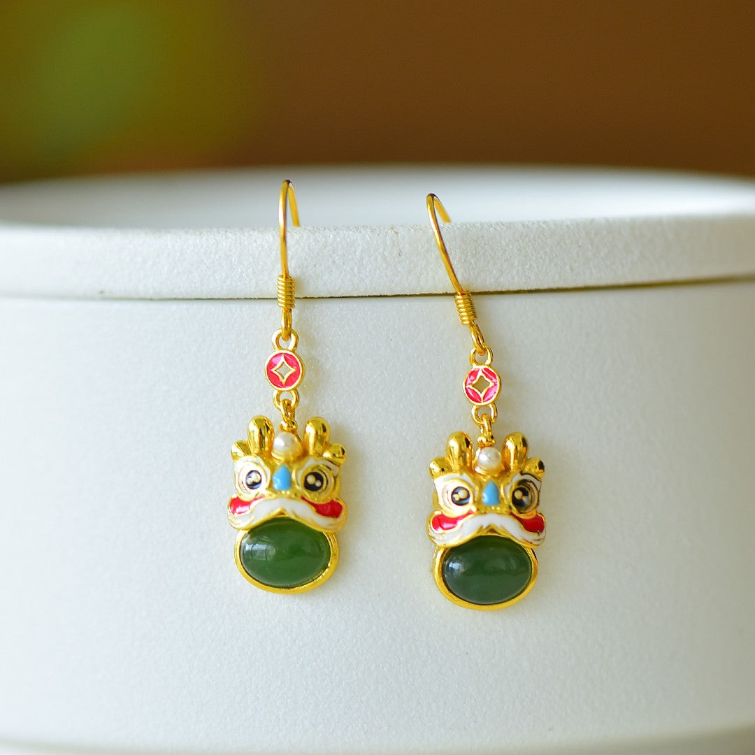 925_Silver_Inlaid_Nephrite_Green_Jade_Cute_Dragon_Earrings_Fine_Texture_Pure_Simple_Elegant_With_Certificate_Box