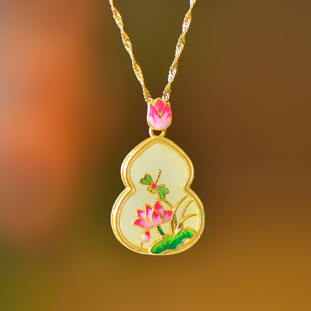 S925 Sterling Silver Nephrite Jade Butterfly & Flower Gourd Jewelry Set