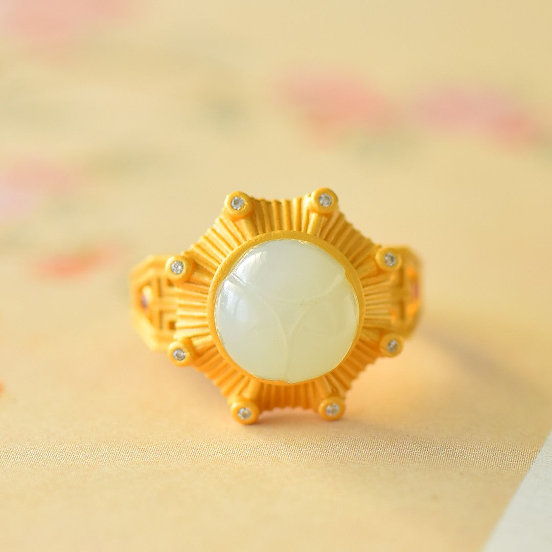 S925 Sterling Silver Nephrite Jade Moonlight Pavilion Design Ring