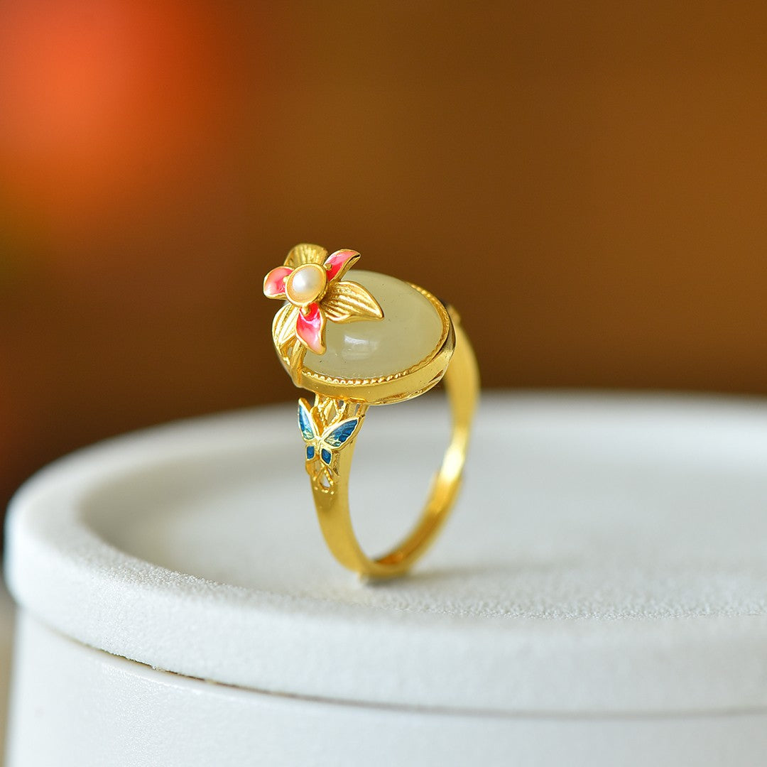 S925 Sterling Silver Enamel Nephrite Jade Butterfly & Flower Ring