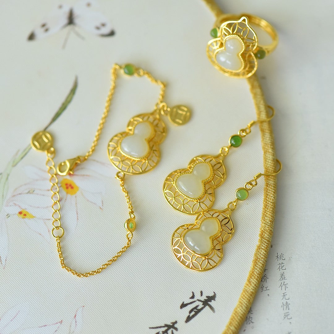 S925 Silver Nephrite Jade Peace Gourd Jewelry Set - Luck Collection