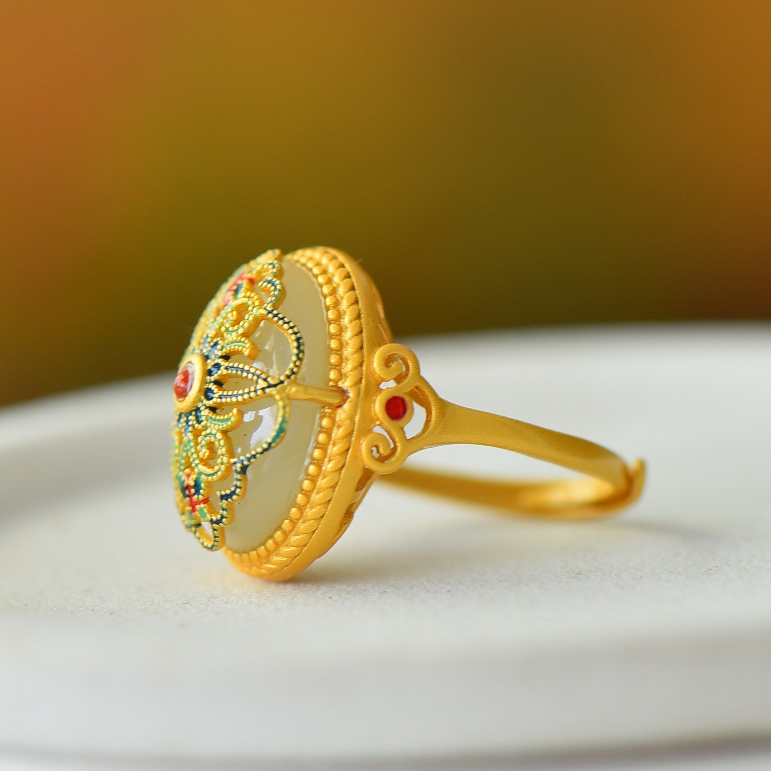 S925 Silver Enamel Nephrite Jade Prosperity Ring - Elegant Style