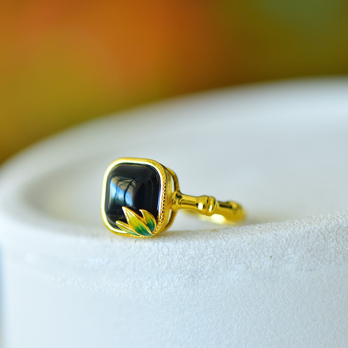 S925 Sterling Silver Nephrite Black Jade Sugar Cube Bamboo Ring