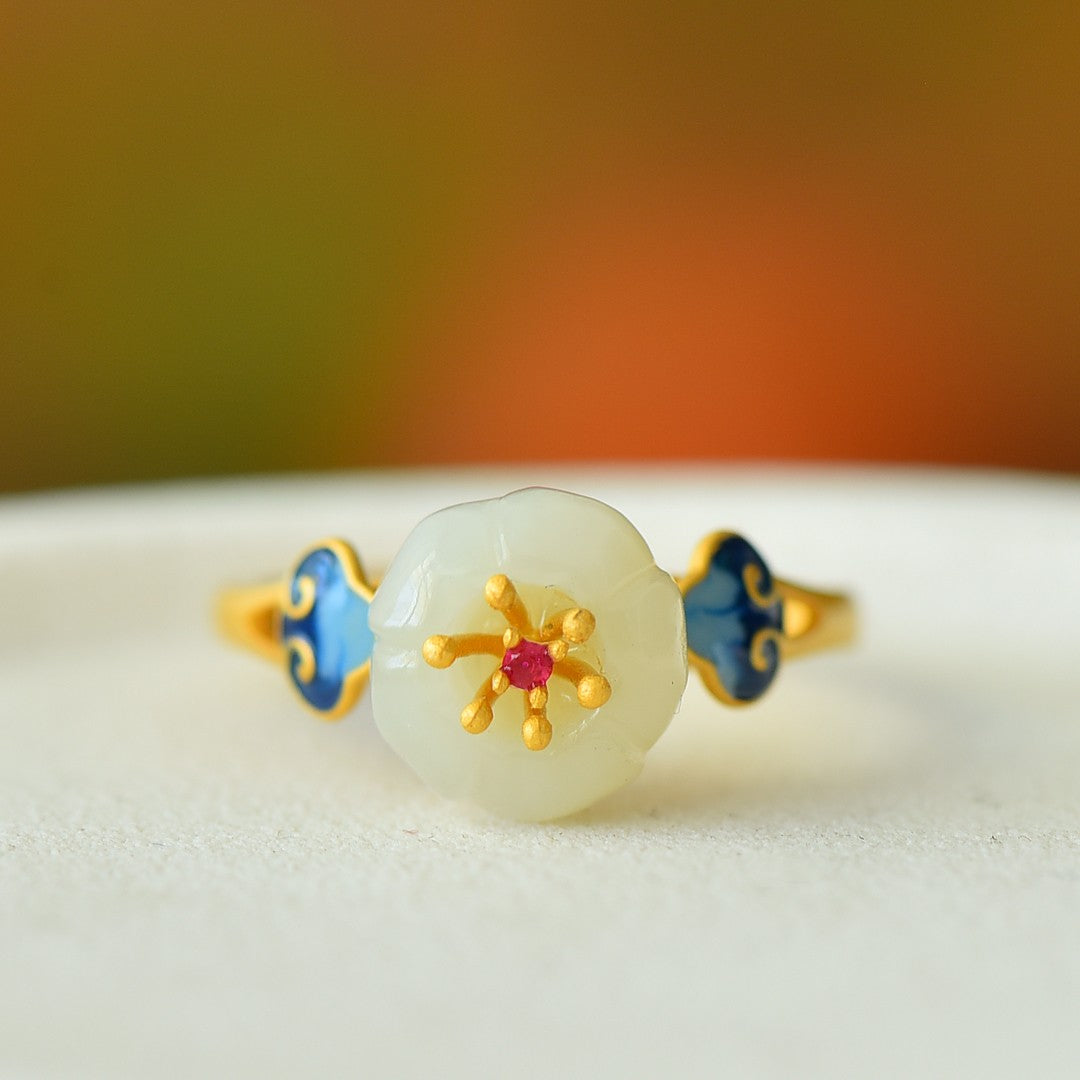 S925 Sterling Silver Enamel Nephrite White Jade Lotus & Cloud Ring
