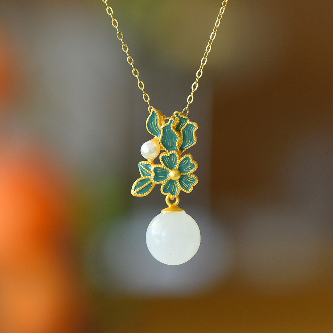 S925 Sterling Silver Nephrite Jade Summer Flower Jewelry Set
