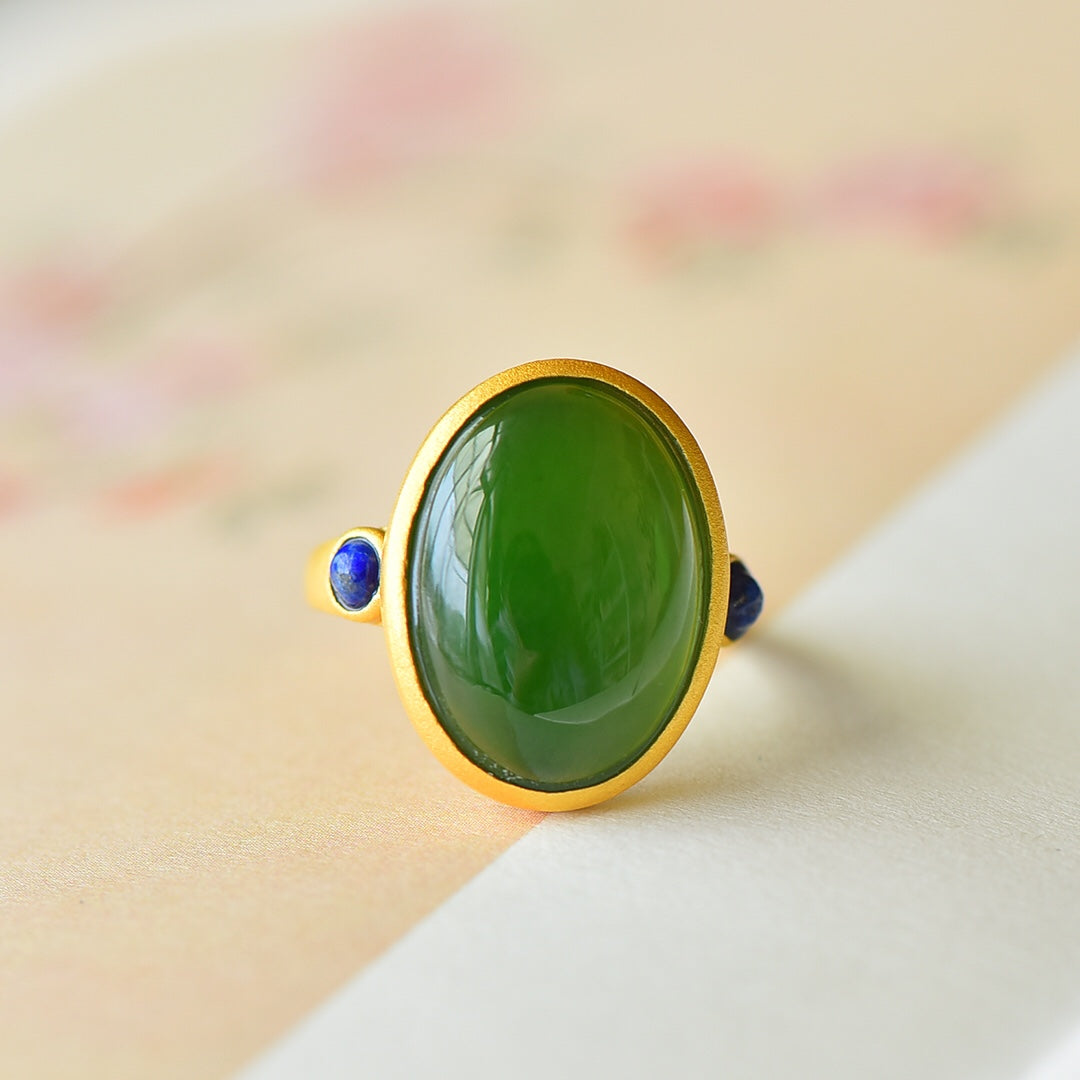 S925 Sterling Silver Nephrite Green Jade Cabochon Frosted Gold Ring