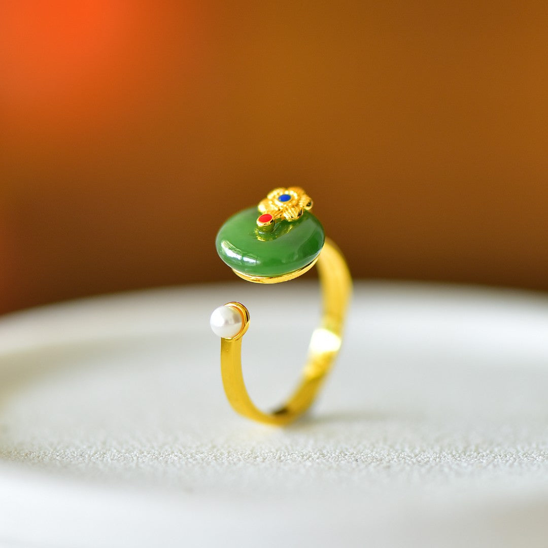 S925 Silver Nephrite Green Jade Peace & Joy Buckle Ring
