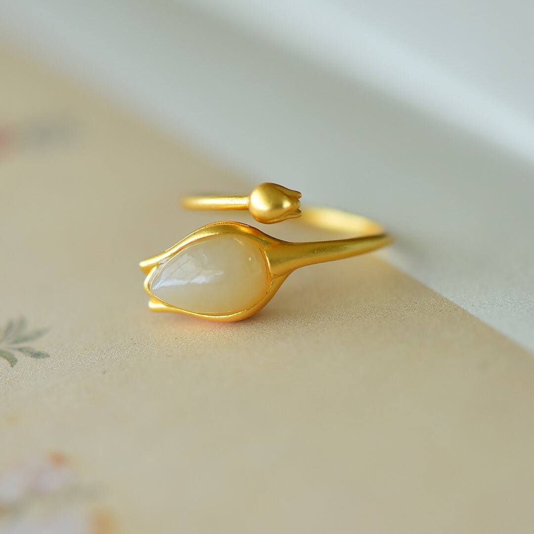 S925 Silver Nephrite Jade Rose Flower Ring - Unique Design