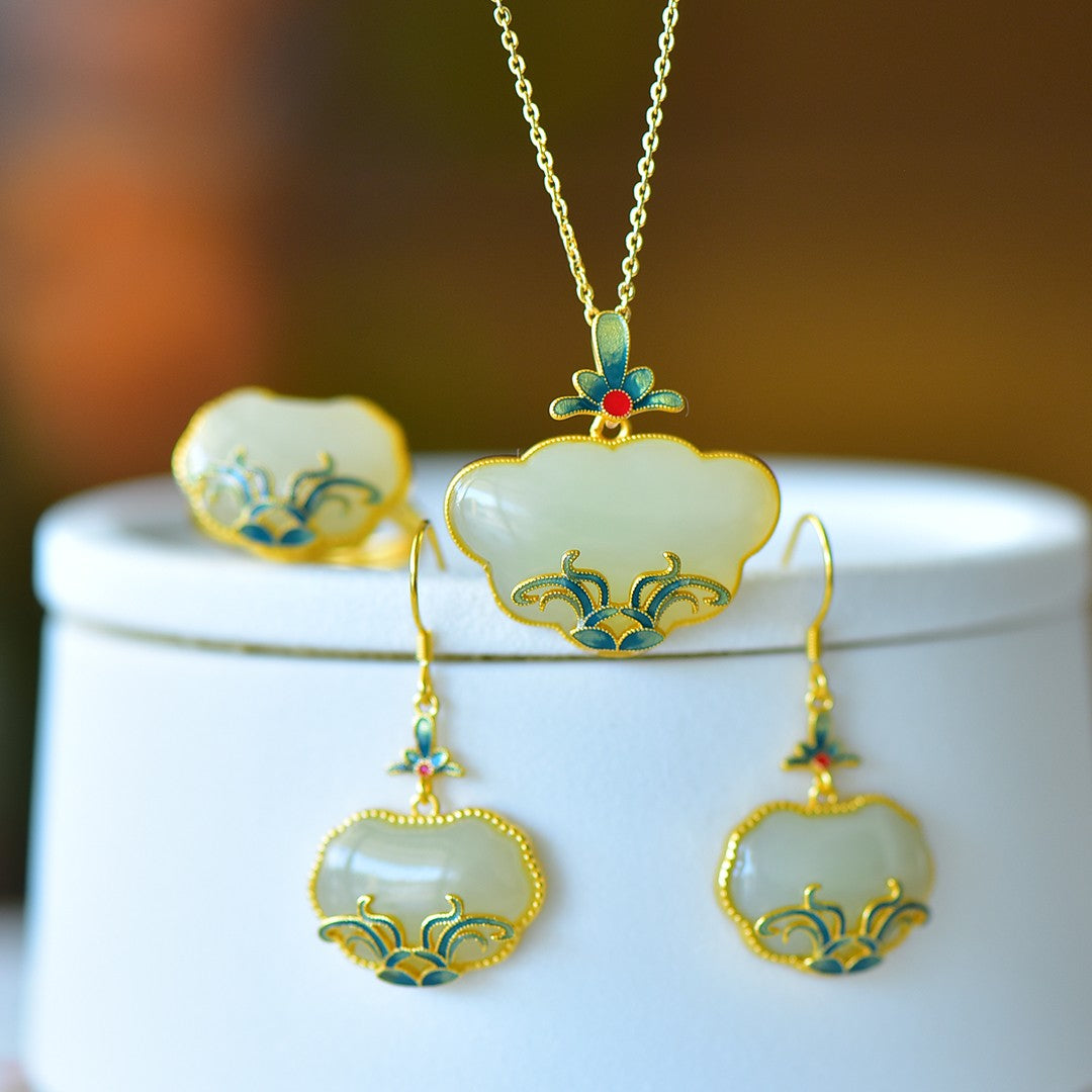 S925 Silver Nephrite Jade Orchid Ruyi Lock Jewelry Set - Elegant Collection
