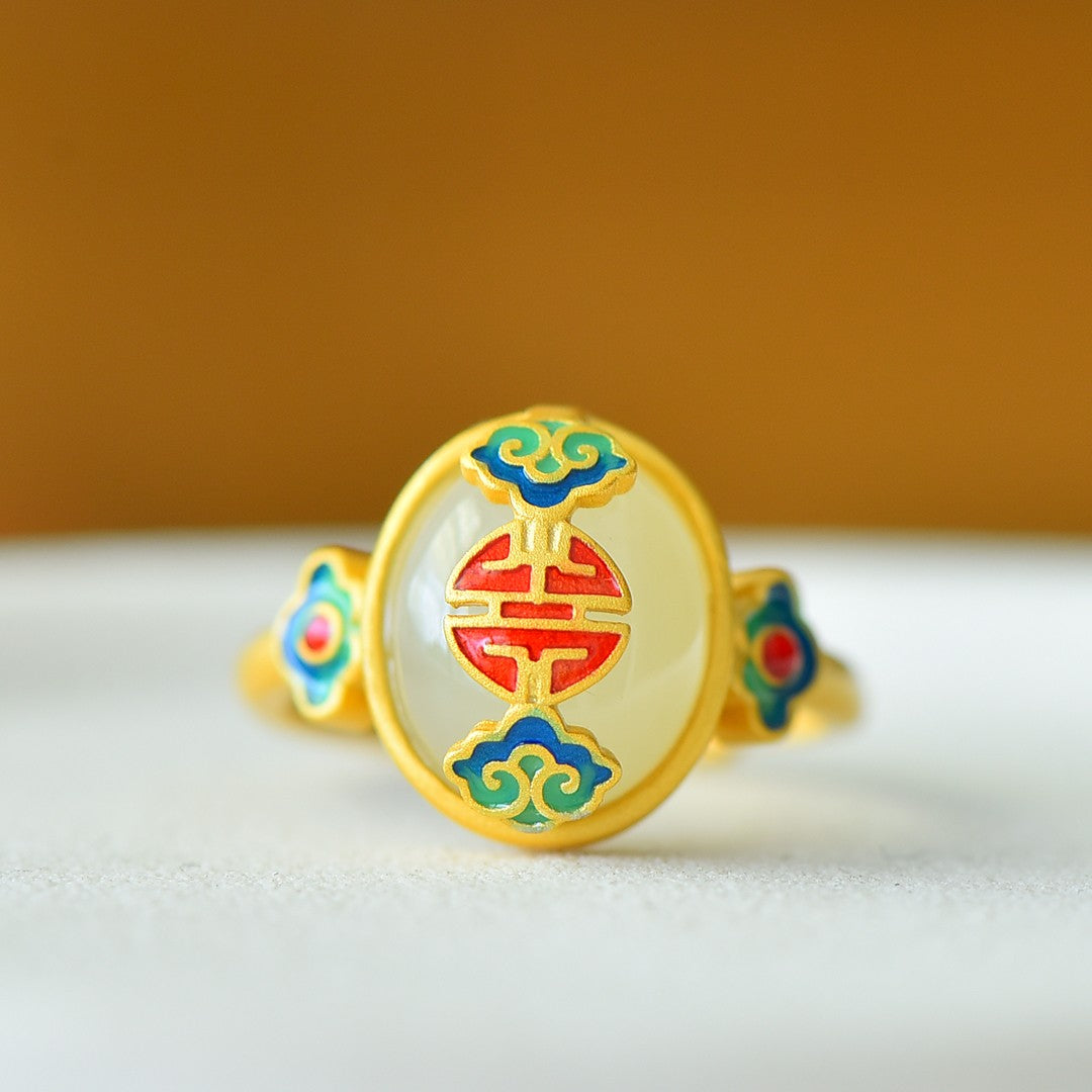 S925 Silver Enamel Nephrite Jade Cabochon Success Ring