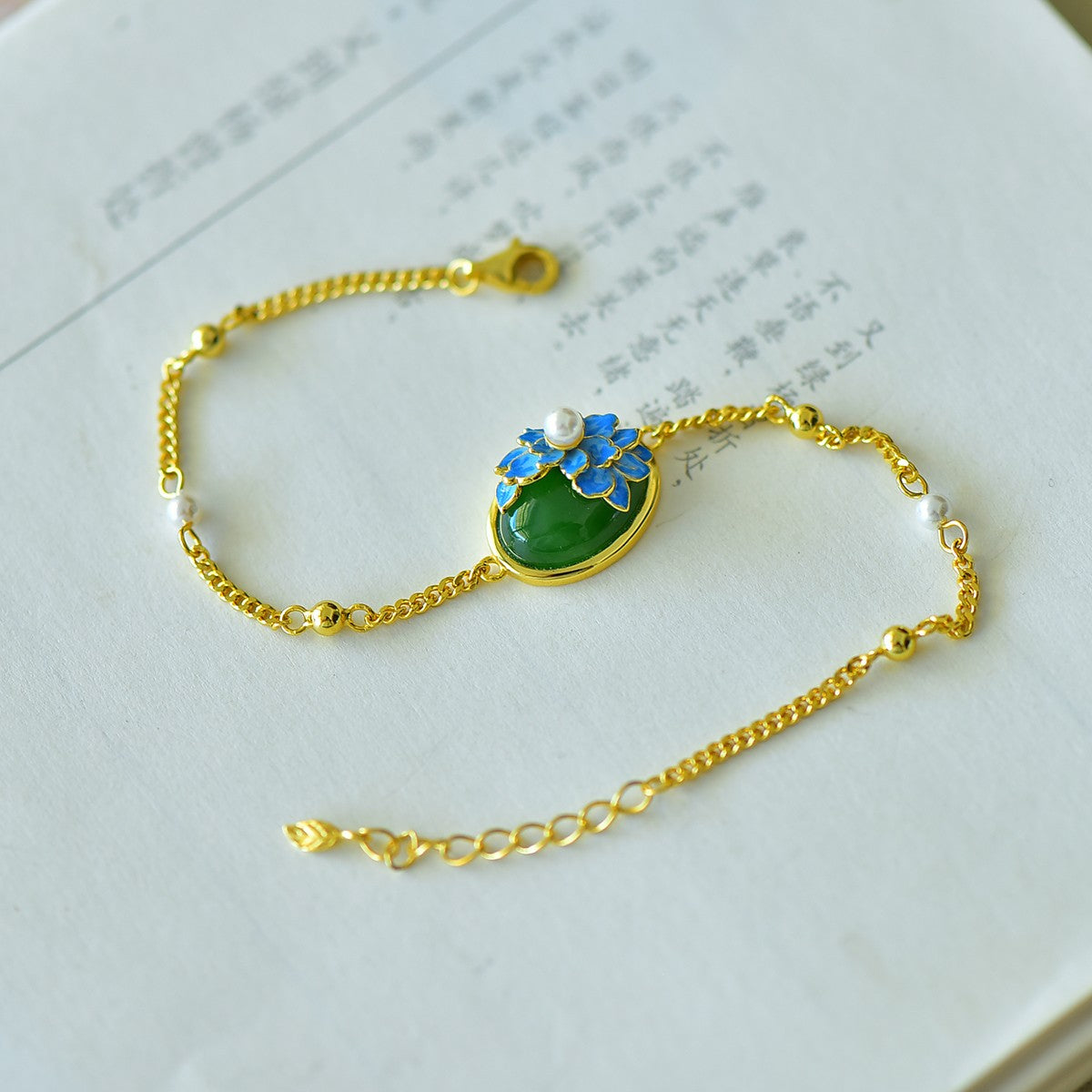 S925 Silver Nephrite Jade Bangle - Peony Flower Fine Texture Jewelry