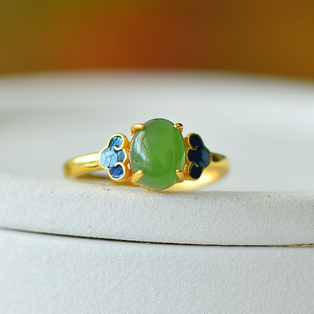 S925 Silver Nephrite Green Jade Cabochon Ring - Elegant Style