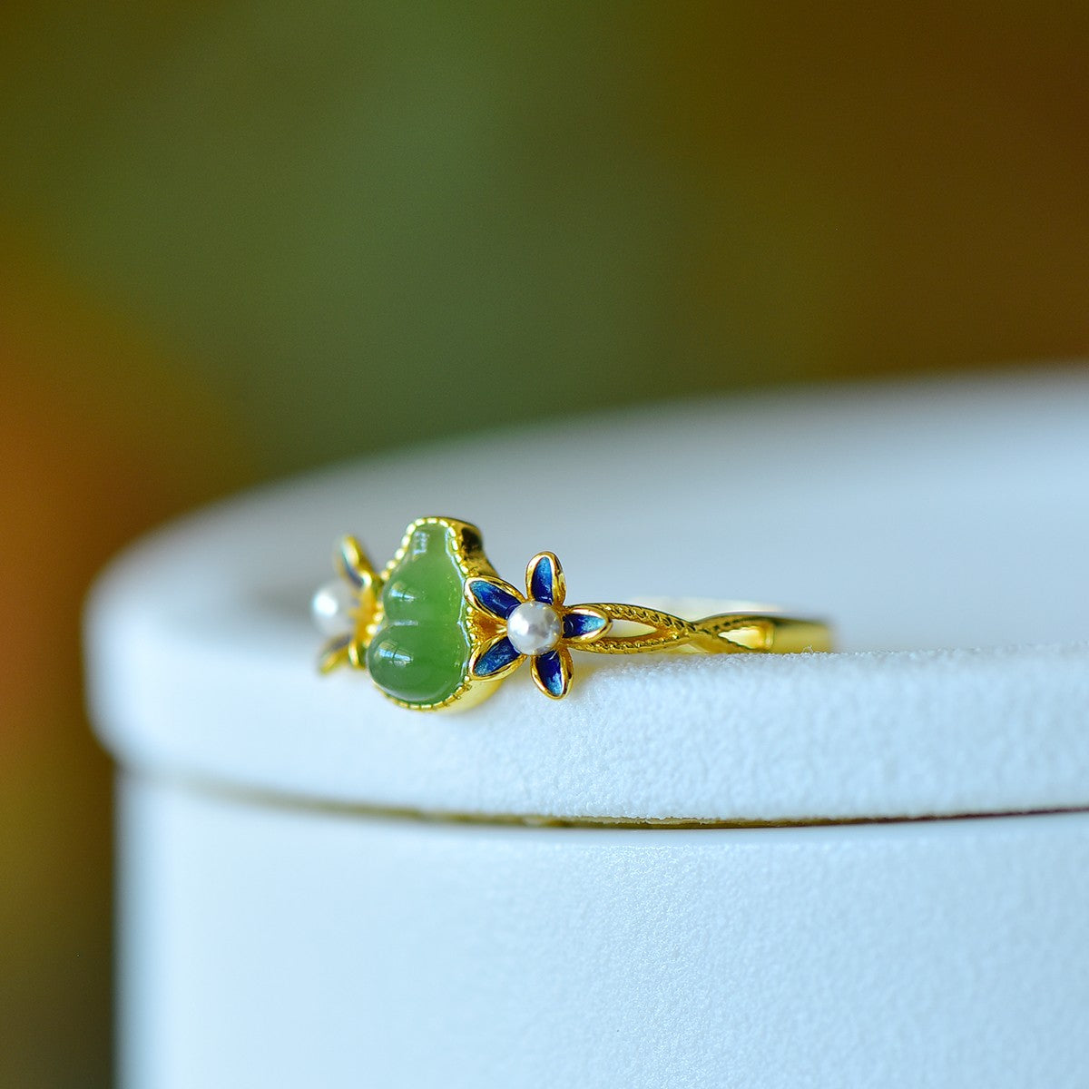 S925 Silver Nephrite Jade Gourd & Orchid Ring - Unique Design