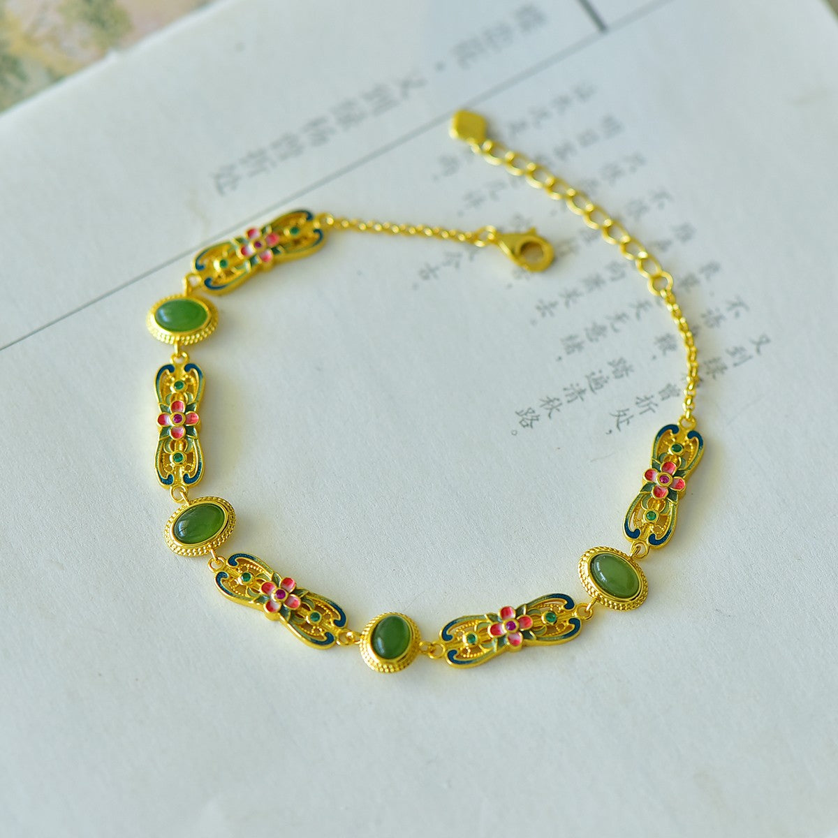 S925 Sterling Silver Nephrite Jade Bangle - Plum Blossom Unique Design