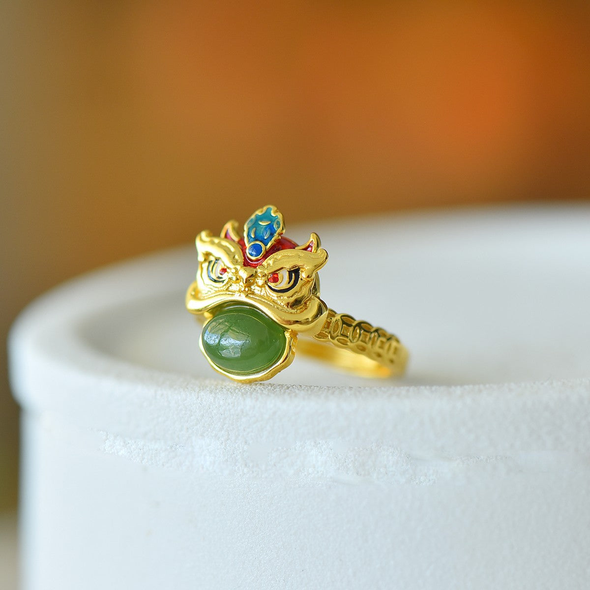 S925 Sterling Silver Nephrite Jade Lion Dance Cabochon Ring