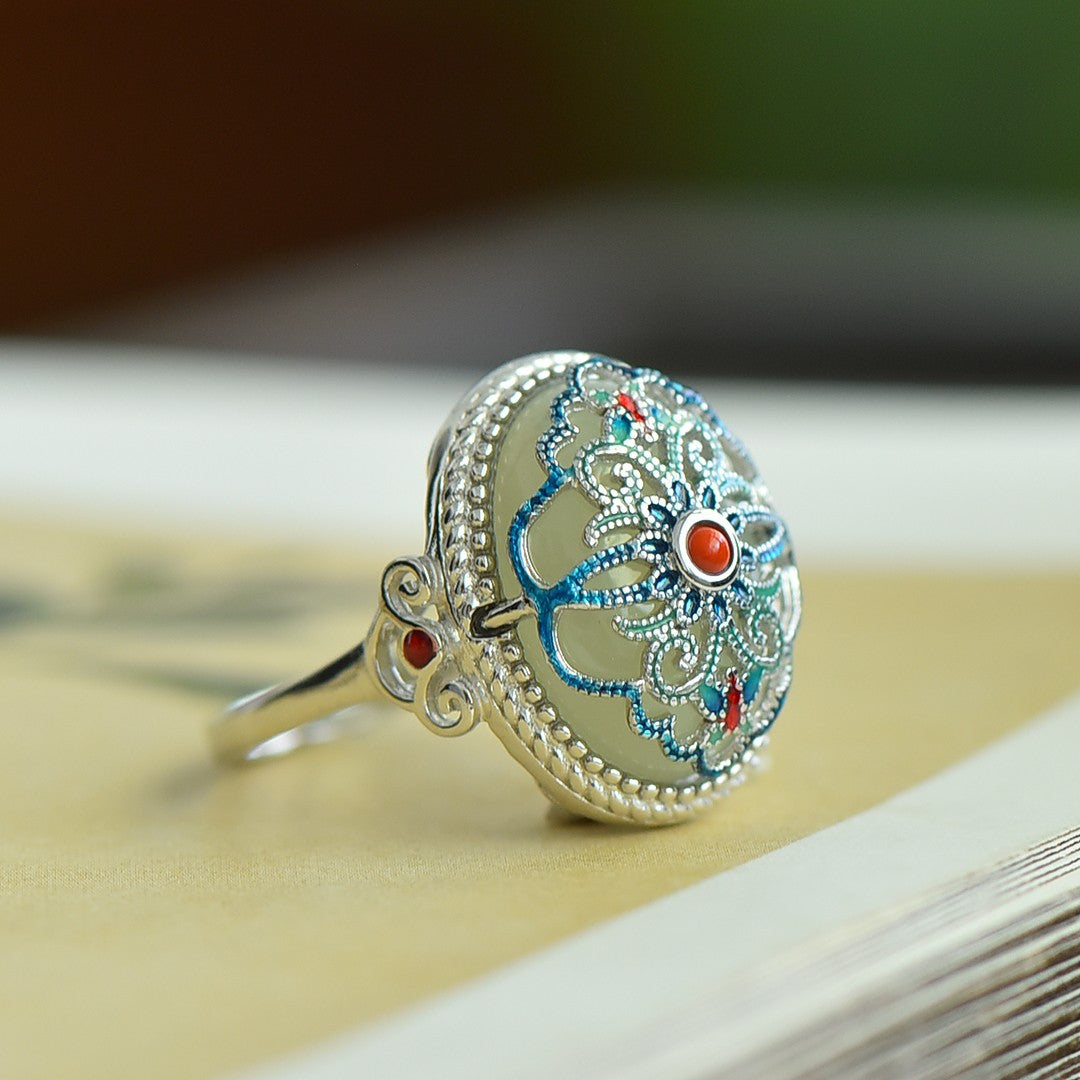 S925 Sterling Silver Enamel Nephrite Jade Prosperity Ring - Classical Style