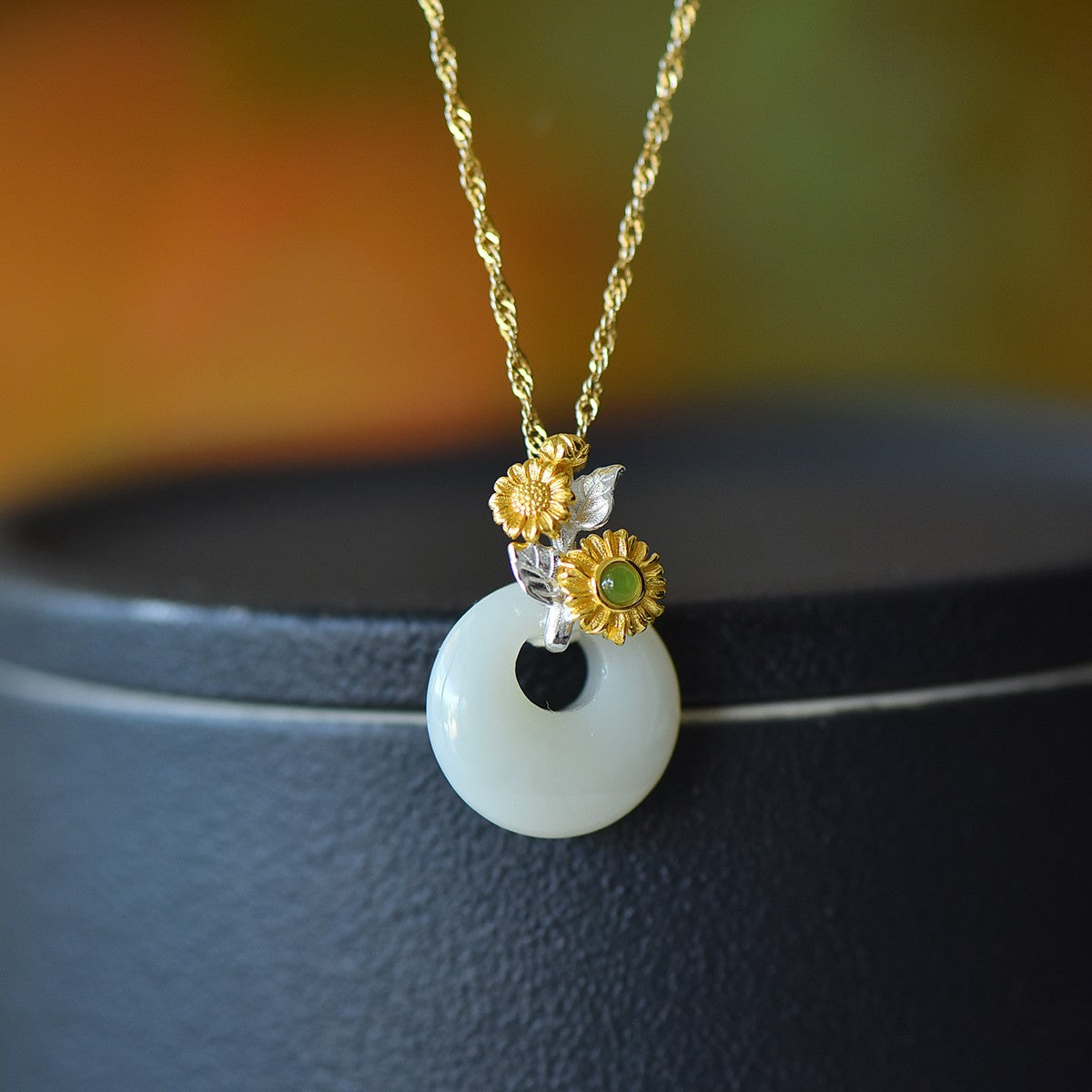 S925 Sterling Silver Nephrite Jade Flower Goddess July Hollyhock Jewelry Set