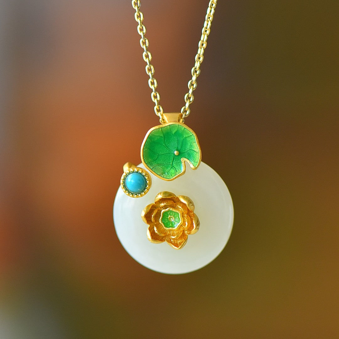 S925 Sterling Silver Nephrite Jade Lotus Steps Jewelry Set