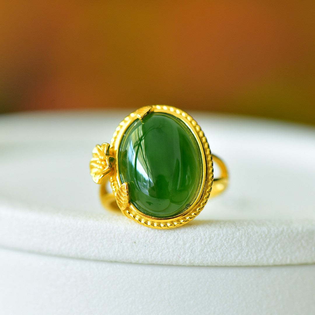 S925 Silver Nephrite Green Jade Prosperity Ring - Success Motif