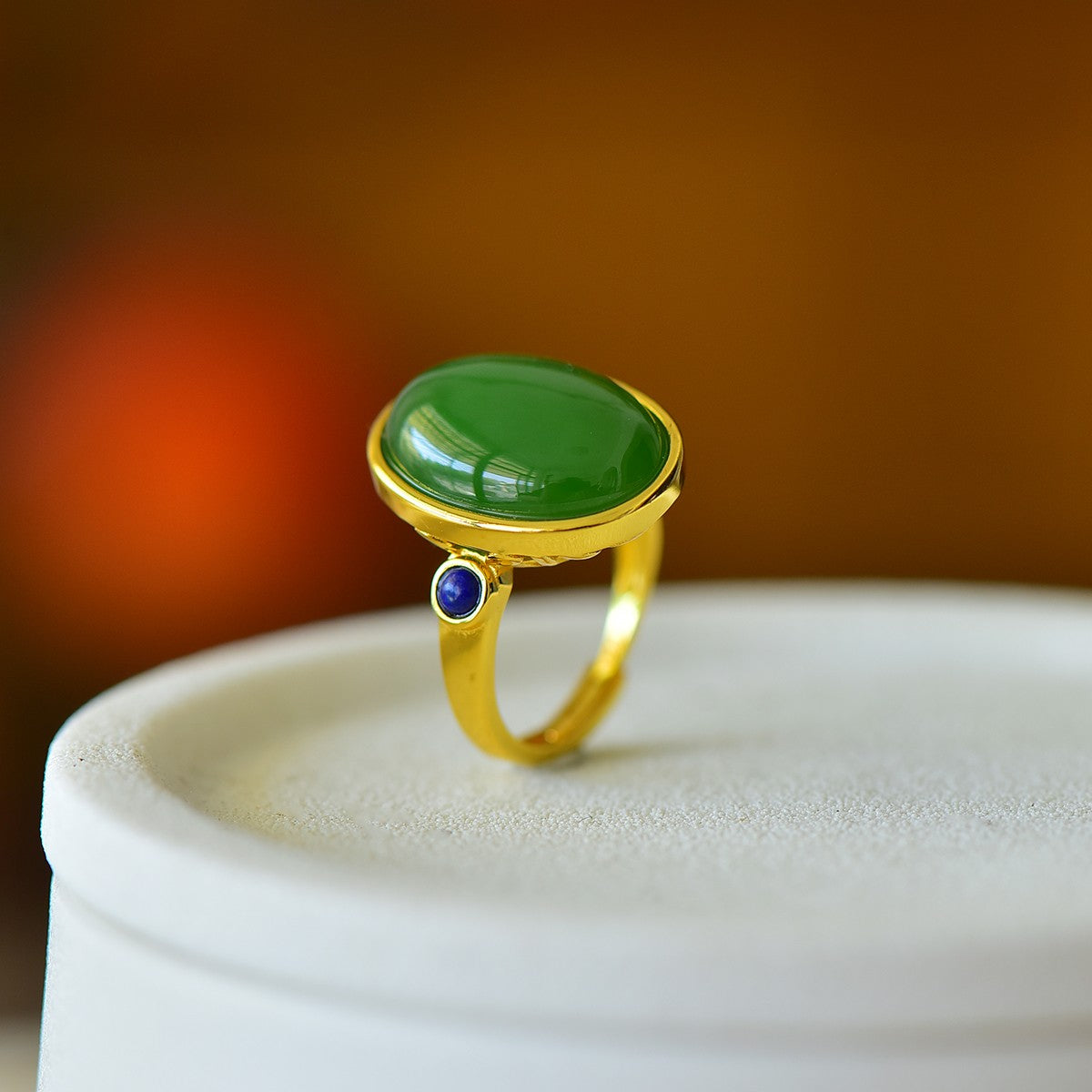 S925 Sterling Silver Nephrite Green Jade Simple Cabochon Ring