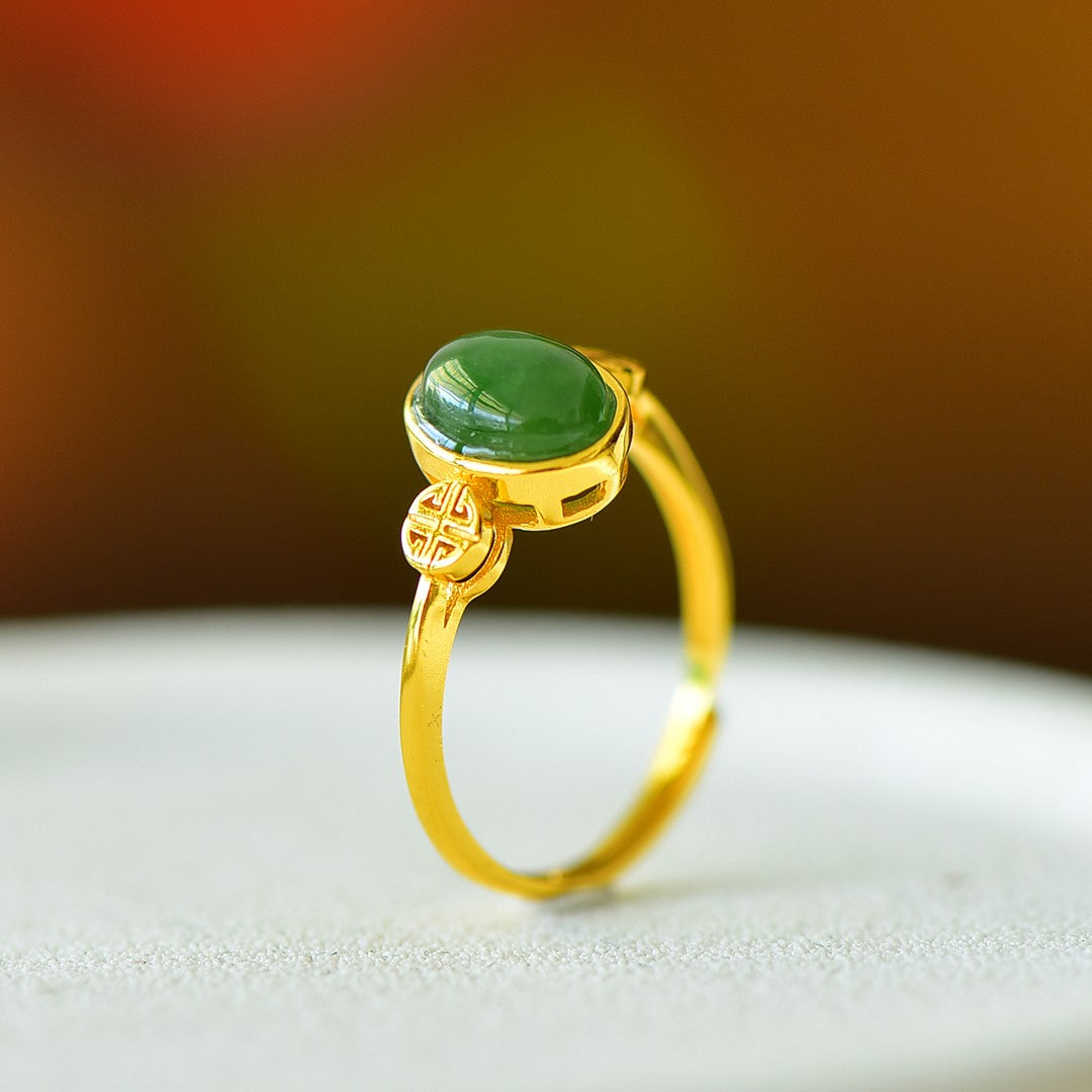 S925 Silver Nephrite Green Jade Cabochon Ring - Prosperity Design