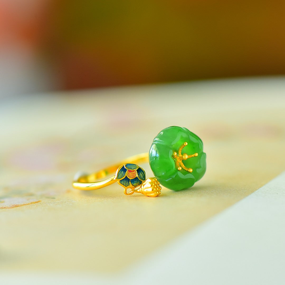 S925 Silver Nephrite Green Jade Lotus & Pod Ring - Artisan Crafted