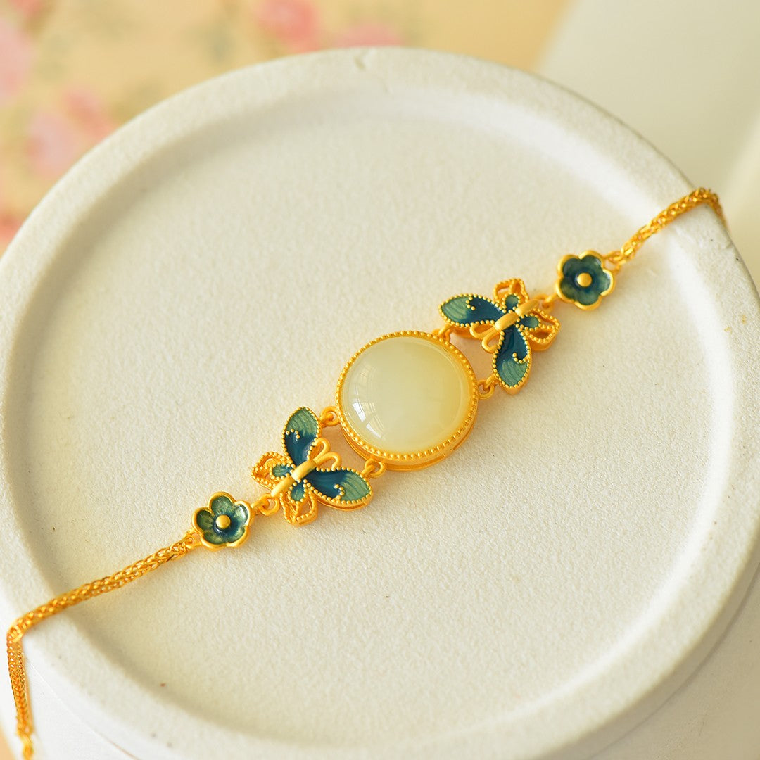 S925 Silver Nephrite Jade Bangle - Butterfly Love Enamel Artisan Style