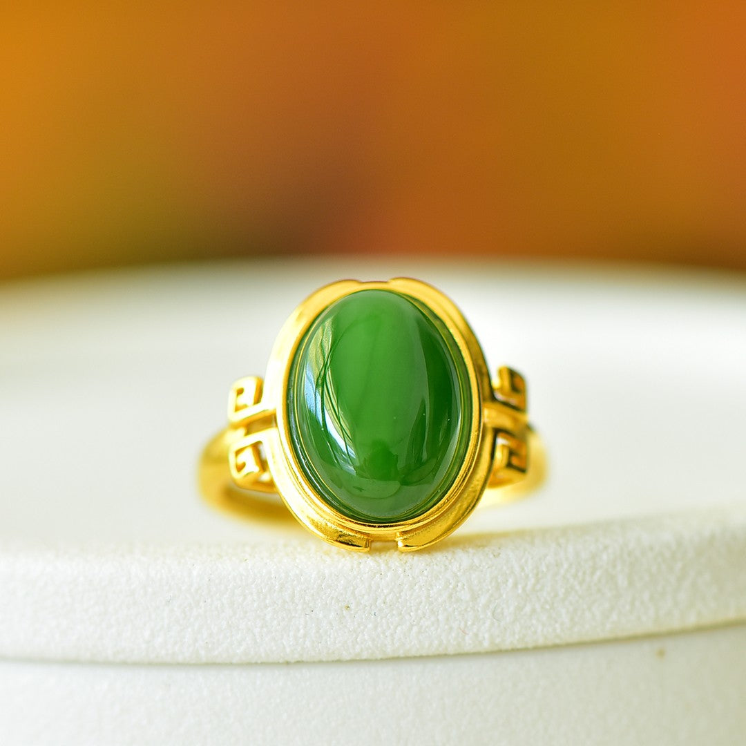 S925 Sterling Silver Nephrite Green Jade Cabochon Ring - Unique Style