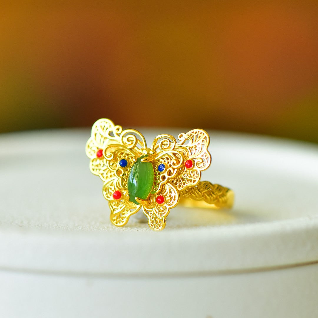 S925 Silver Enamel Nephrite Green Jade Dream Butterfly Ring