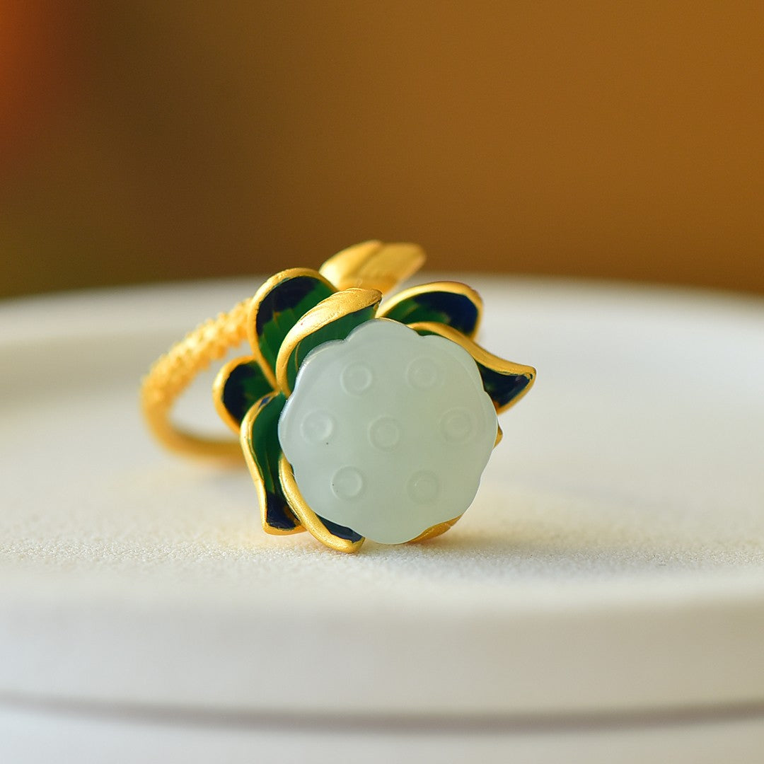 S925 Silver Nephrite Jade Lotus Pod Ring - Elegant Style