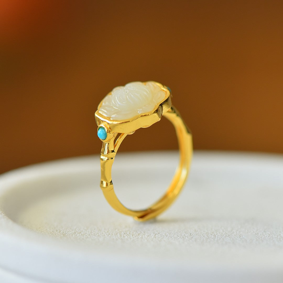 S925 Silver Nephrite Jade Lotus Ruyi Ring - Elegant Style