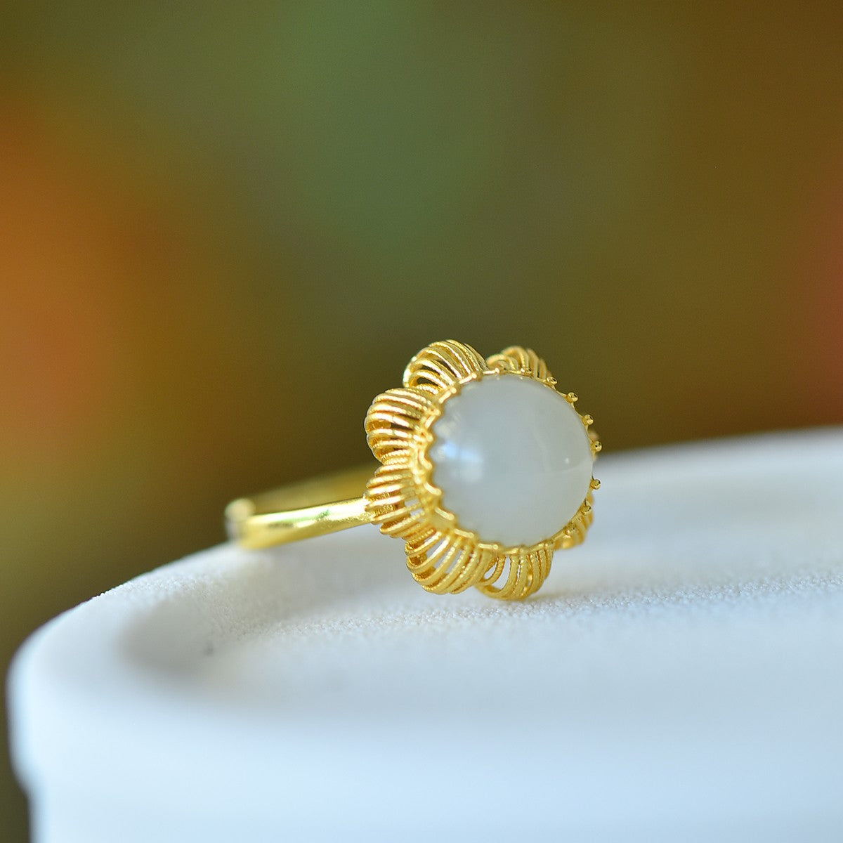 S925 Silver Nephrite Jade Hollow-out Round Drum Ring - Artisan Design