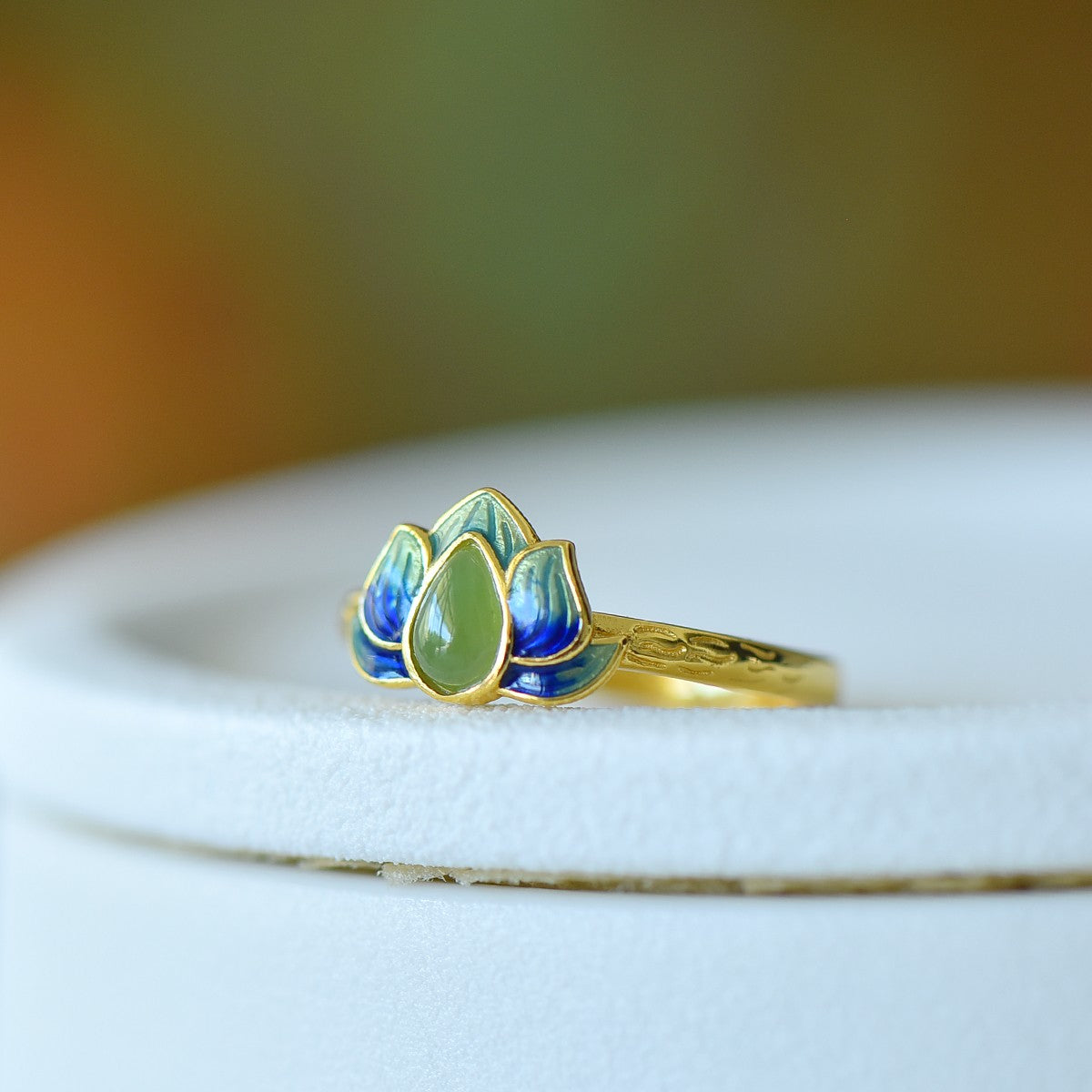 S925 Silver Nephrite Jade Lotus Water-drop Ring - Unique Design