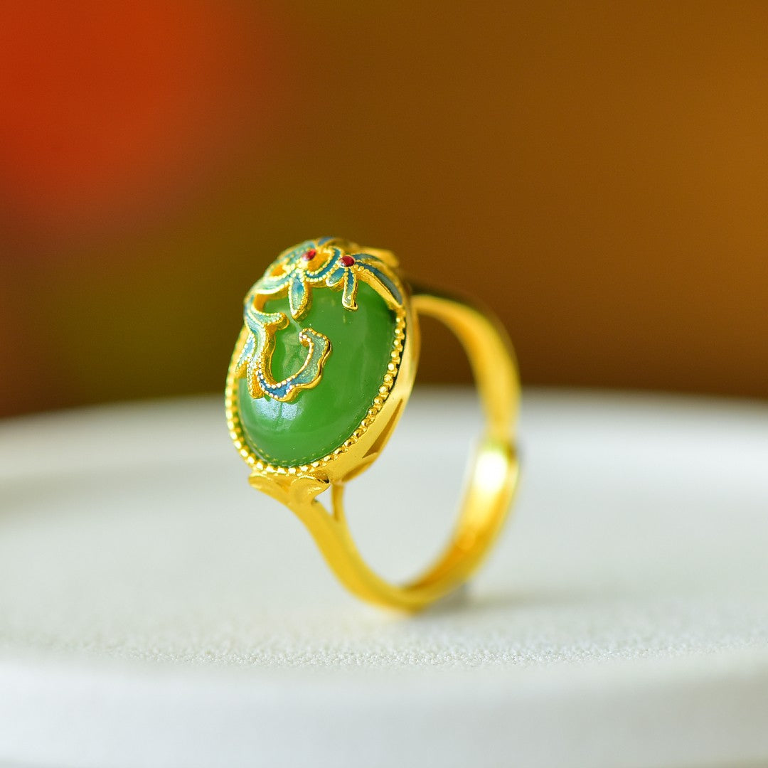 S925 Silver Nephrite Green Jade Orchid Ring - Noble Blossom Design