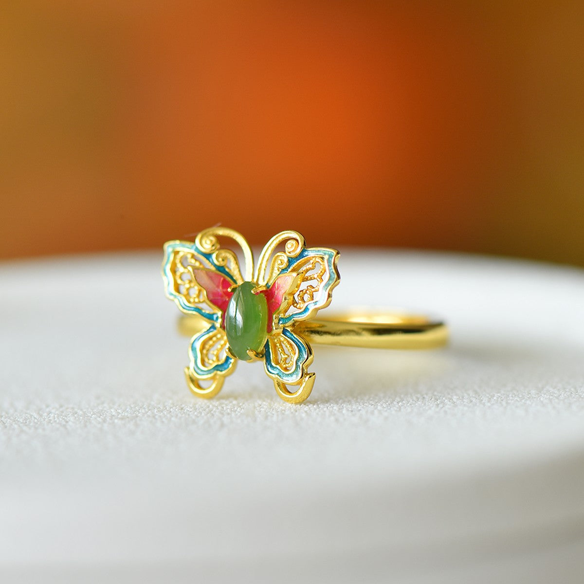 S925 Silver Enamel Nephrite Jade Butterfly Marquise Ring - Unique Design