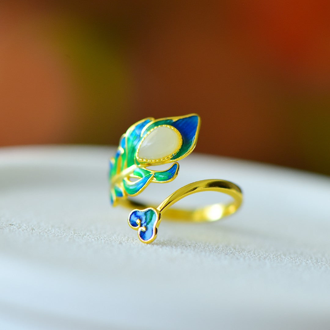 S925 Sterling Silver Enamel Nephrite Jade Noble Leaf Ring - Elegant Blossom