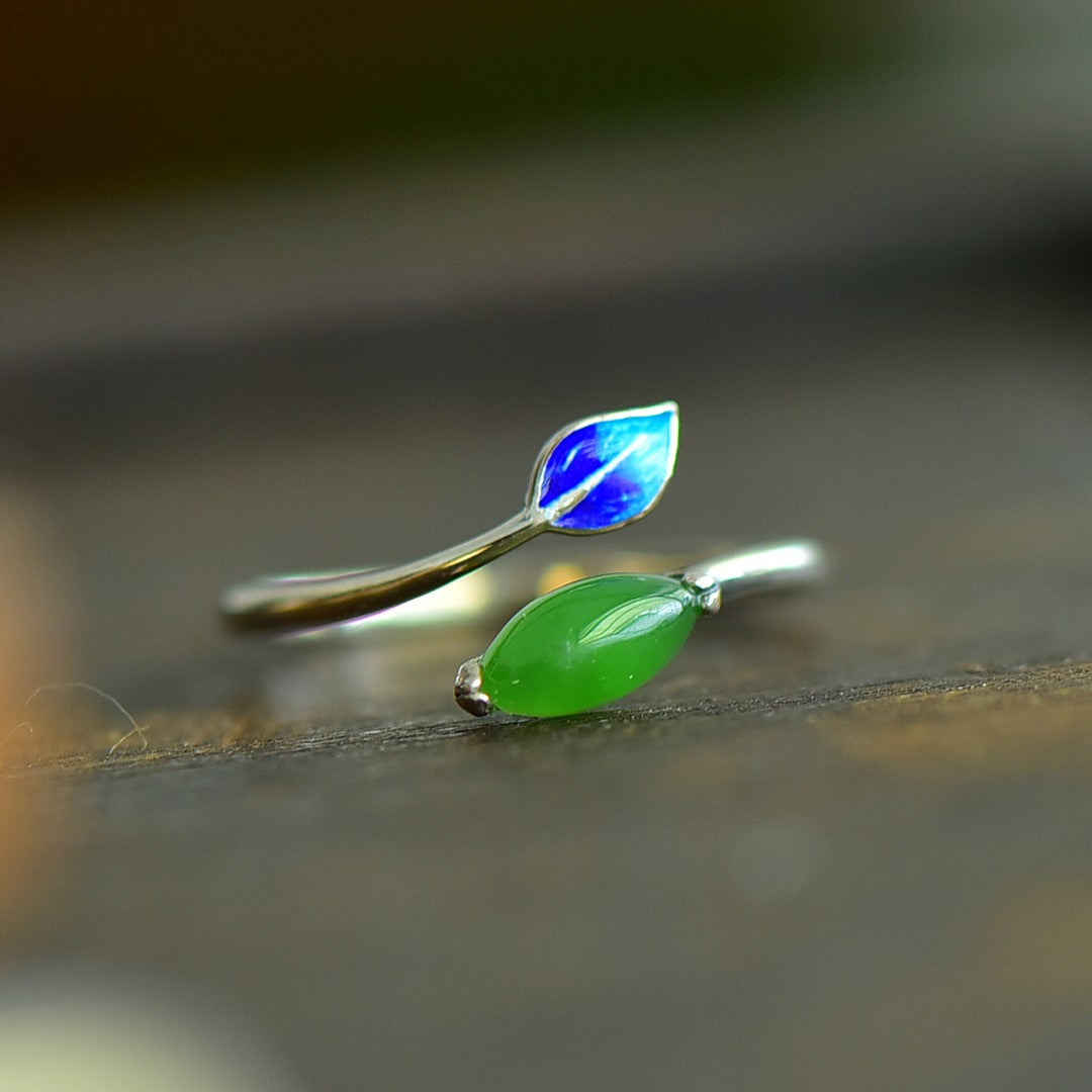 S925 Sterling Silver Enamel Nephrite Green Jade Marquise Ring