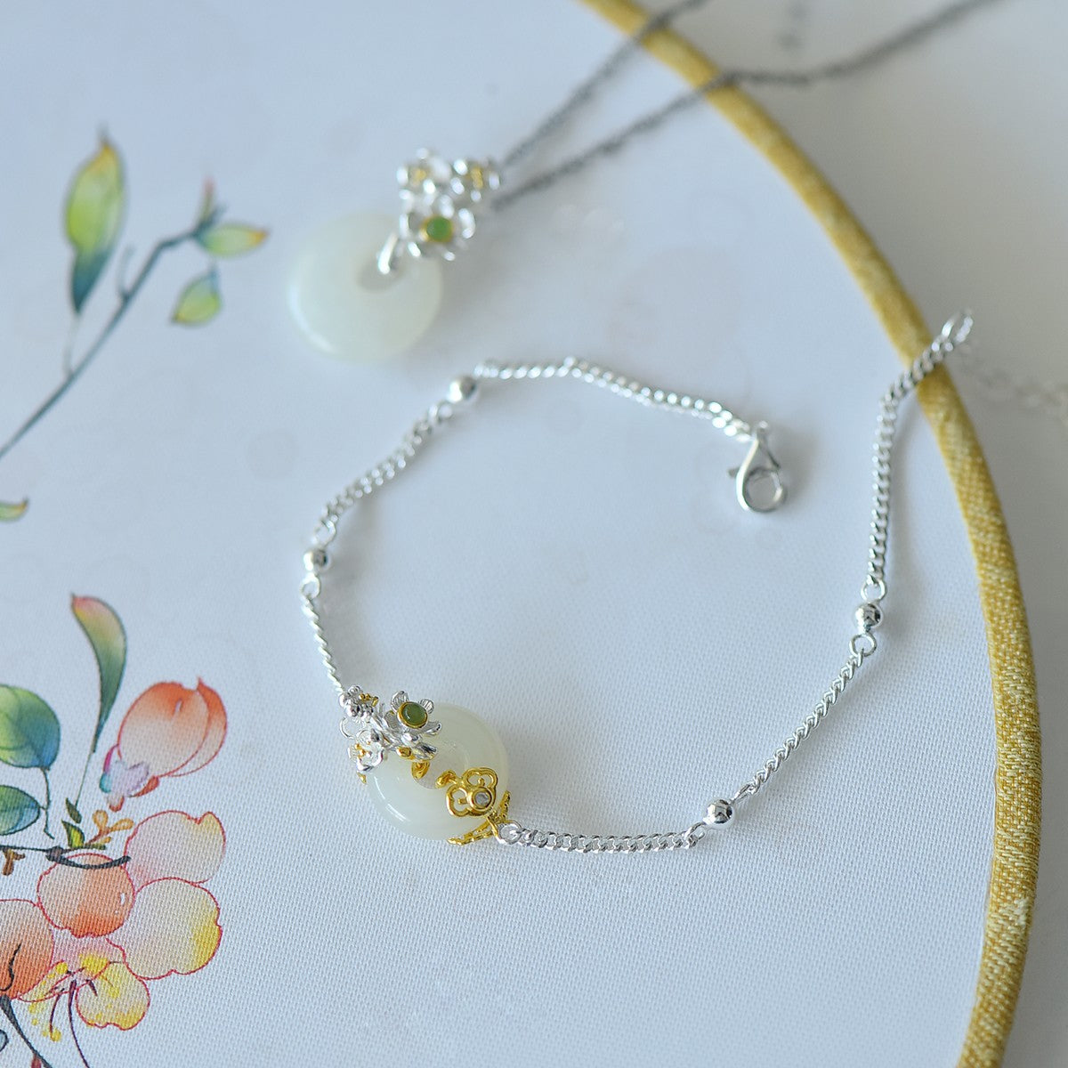 S925 Sterling Silver Nephrite Jade Bangle - Flower Goddess August Osmanthus