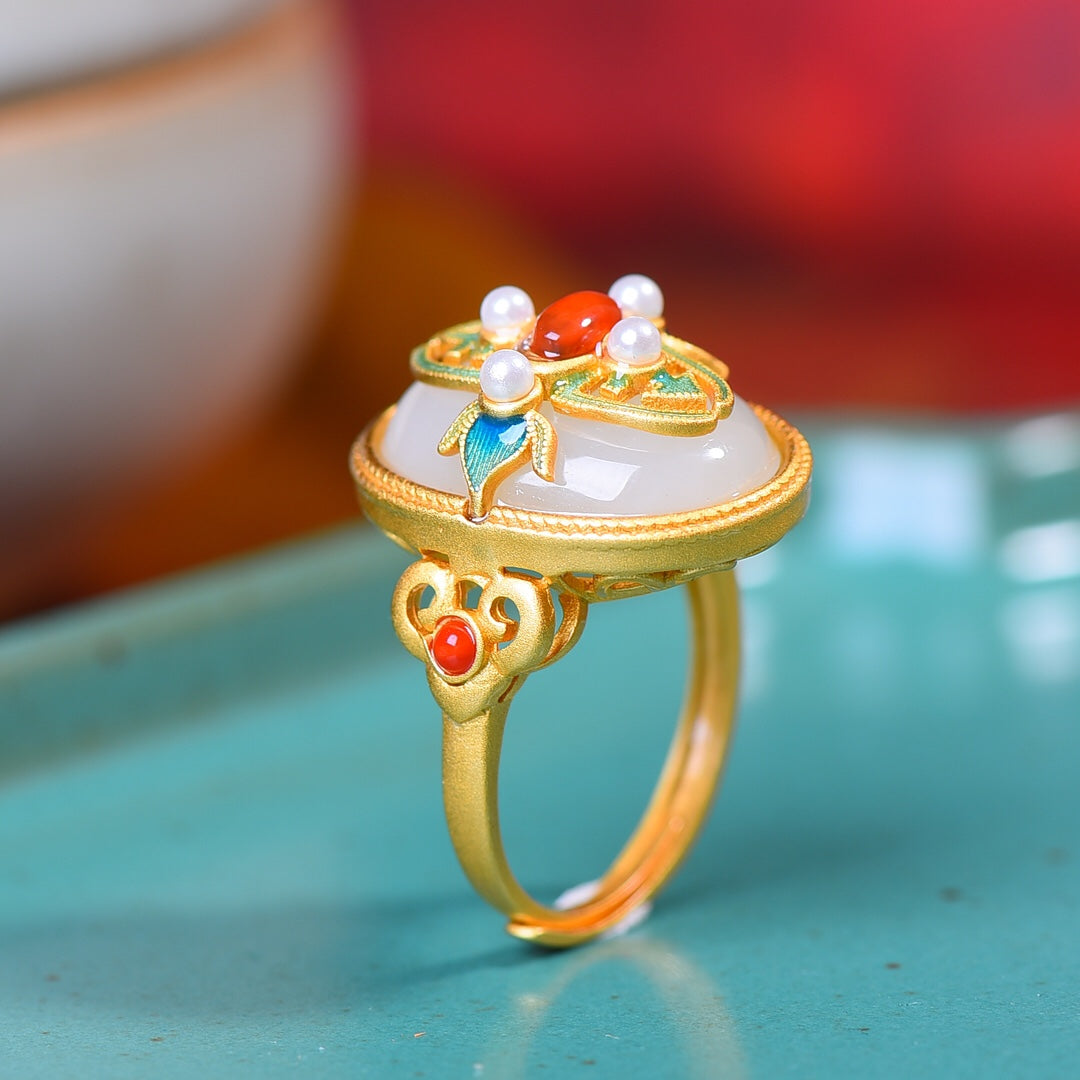 S925 Sterling Silver Enamel Nephrite Jade Cabochon Ring - Elegant Style