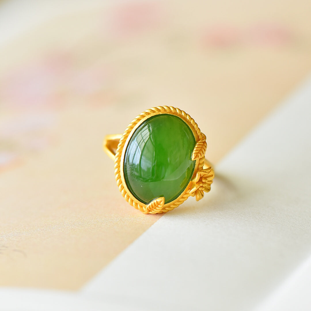 S925 Sterling Silver Nephrite Green Jade Cabochon Ring - Minimalist