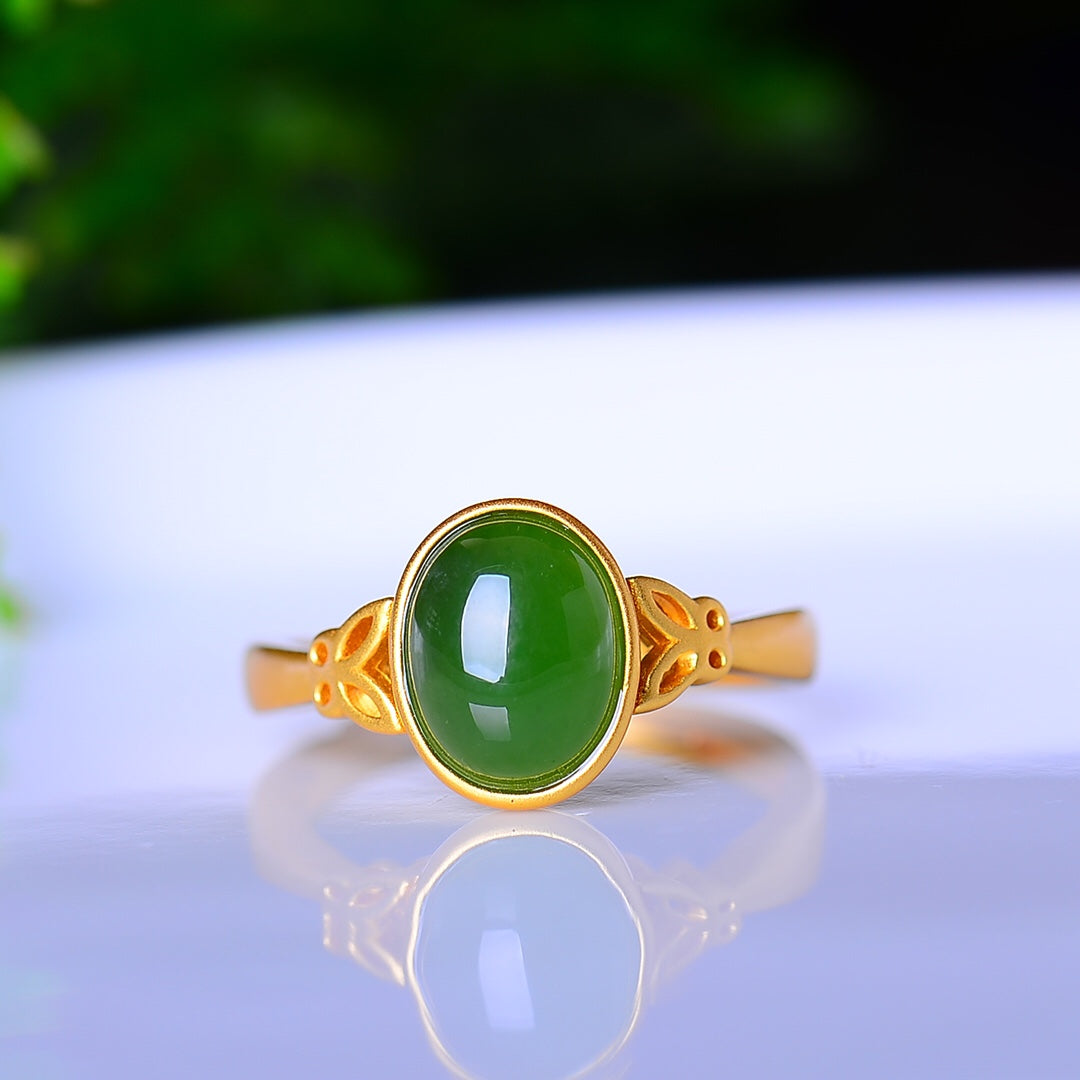 S925 Silver Enamel Nephrite Jade Cabochon Ring - Ancient Method Gold