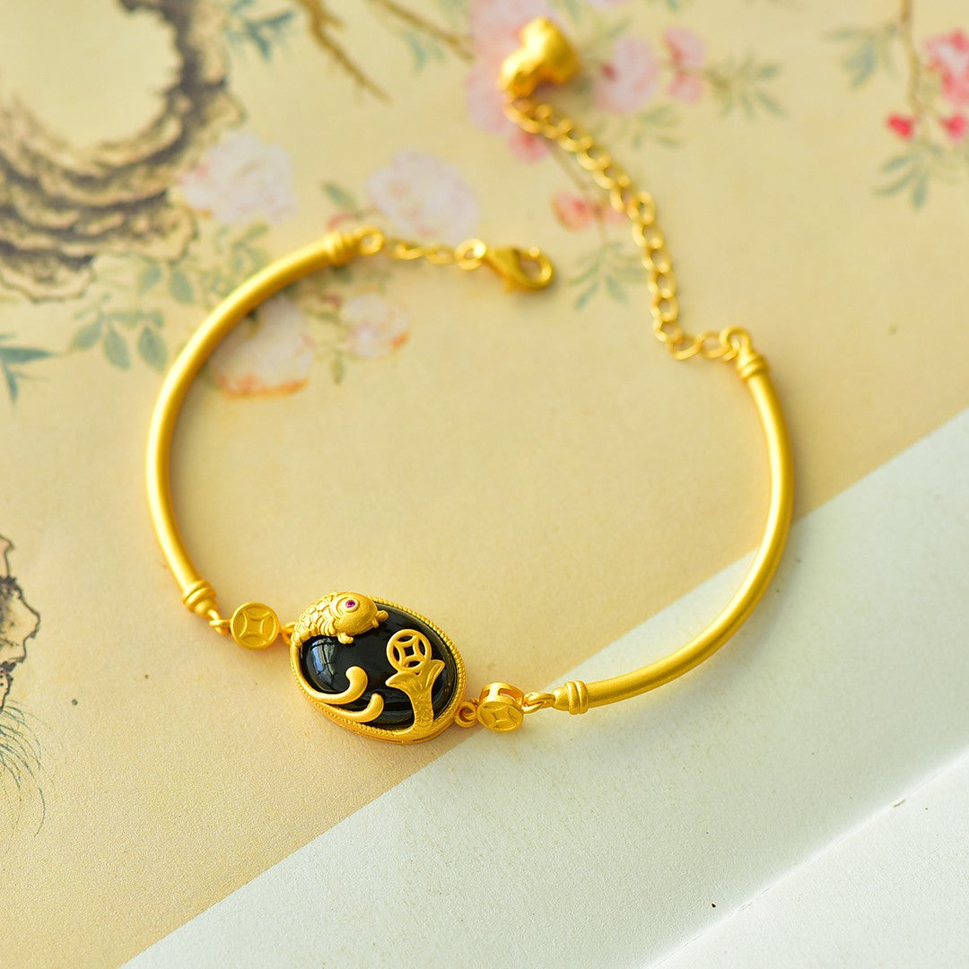 S925 Sterling Silver Black Jade Bangle - Year of Fish Fine Texture