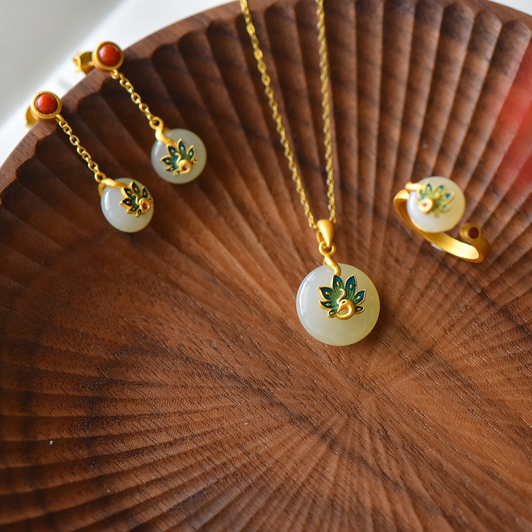 S925 Silver Nephrite Jade Peace & Phoenix Jewelry Set