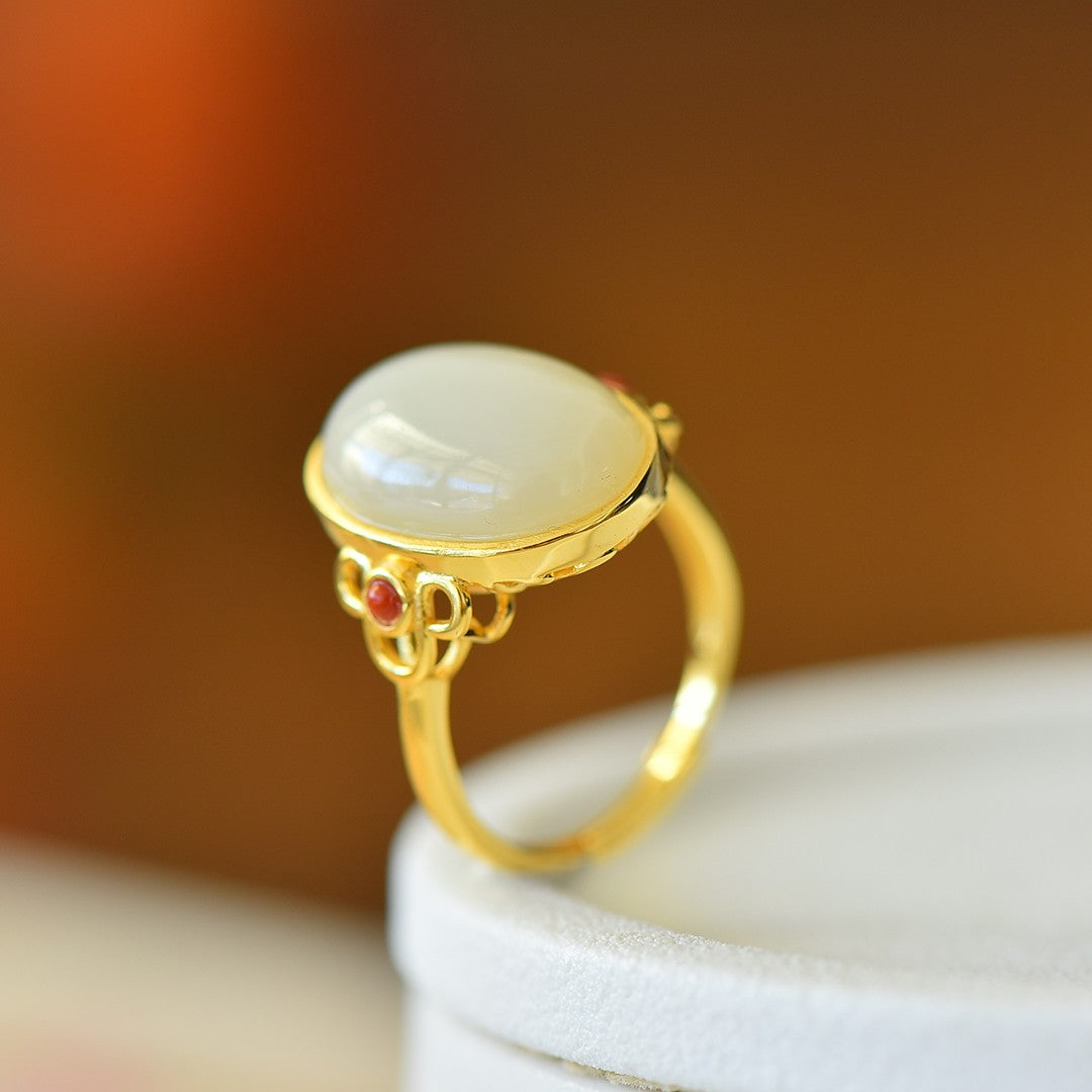 S925 Silver Nephrite Jade Ruyi Cabochon Ring - Elegant Style
