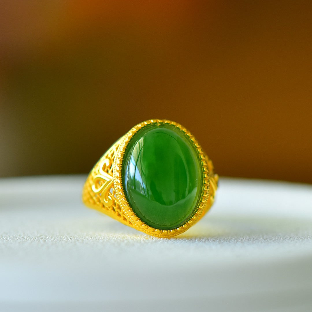 S925 Sterling Silver Nephrite Green Jade Love at First Sight Ring