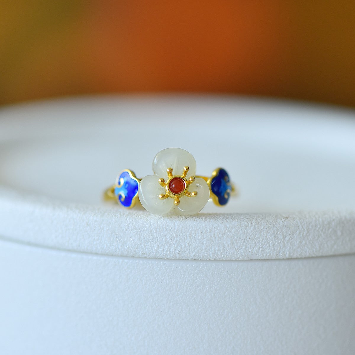 S925 Sterling Silver Nephrite Jade Five-Petal Flower Ring